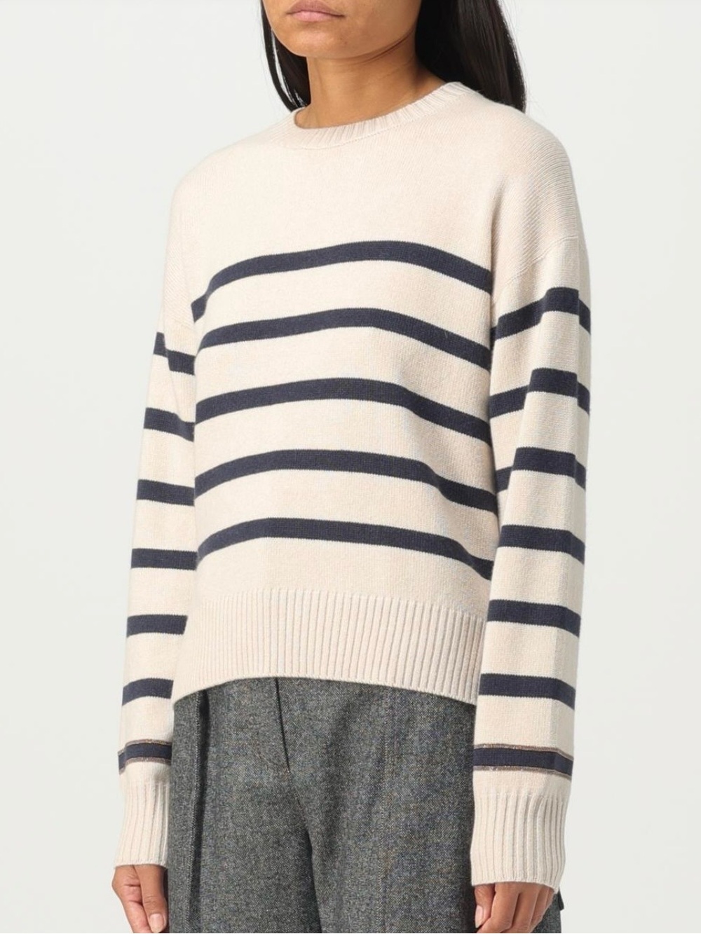 Brunello Cucinelli Beige striped cashmere sweater with monil chain - Picture 2 of 8